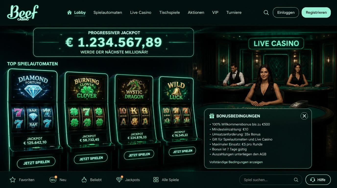 Ein Spielautomat mit Jackpot-Anzeige und Bonusbedingungen auf Deutsch auf dem Bildschirm.