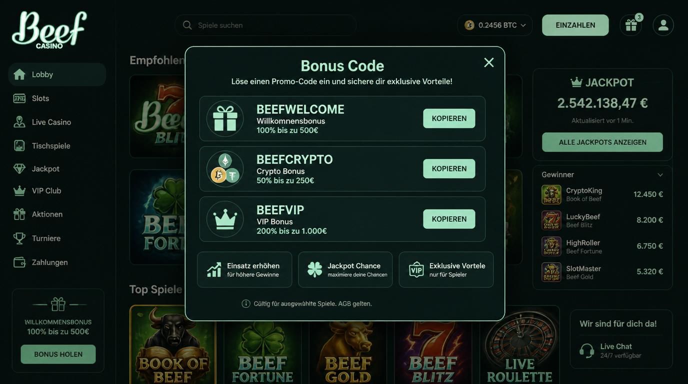 Promo-Codes und Bonus-Wege bei Beef Casino grafisch mit deutschen Codes und Icons.