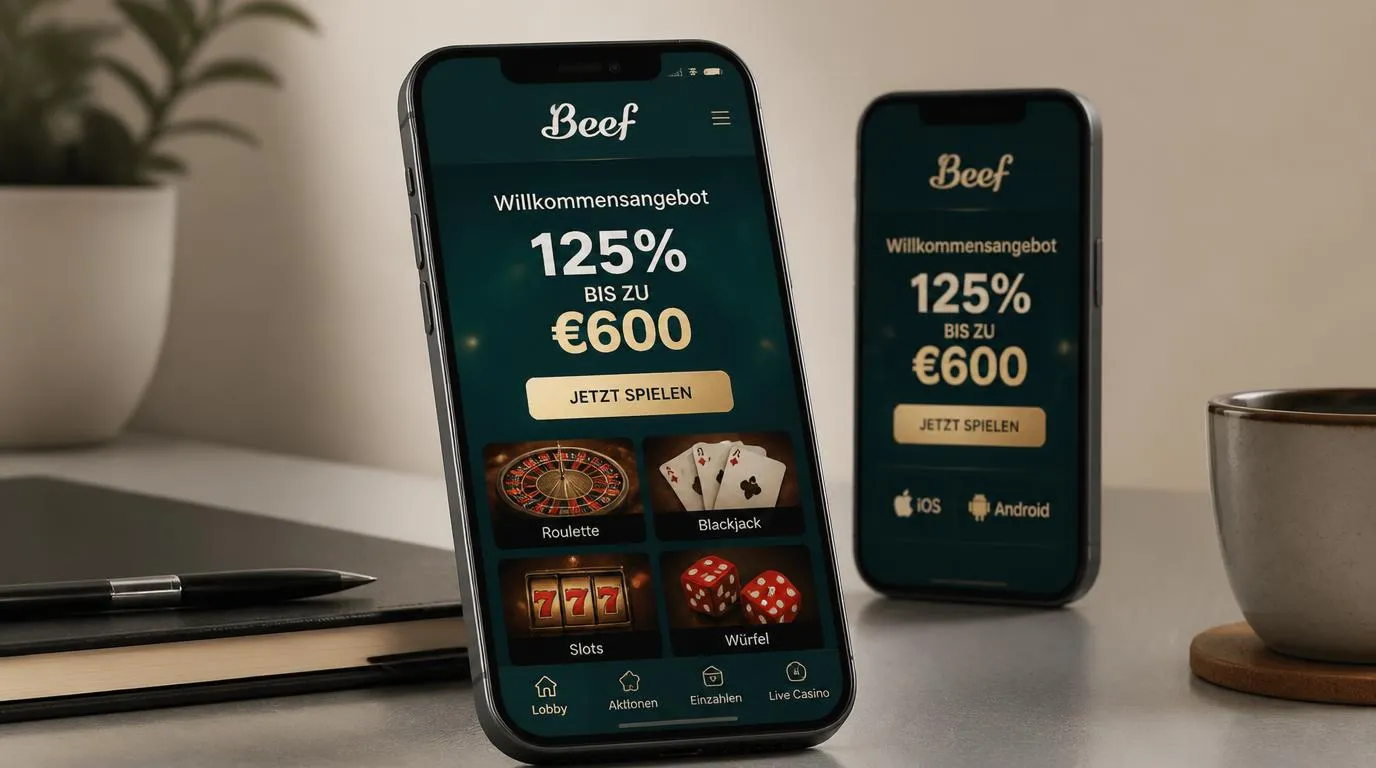 Smartphone mit neutraler Casino-Oberfläche und Hinweis auf einen Willkommensbonus von 125 % bis zu 600 €