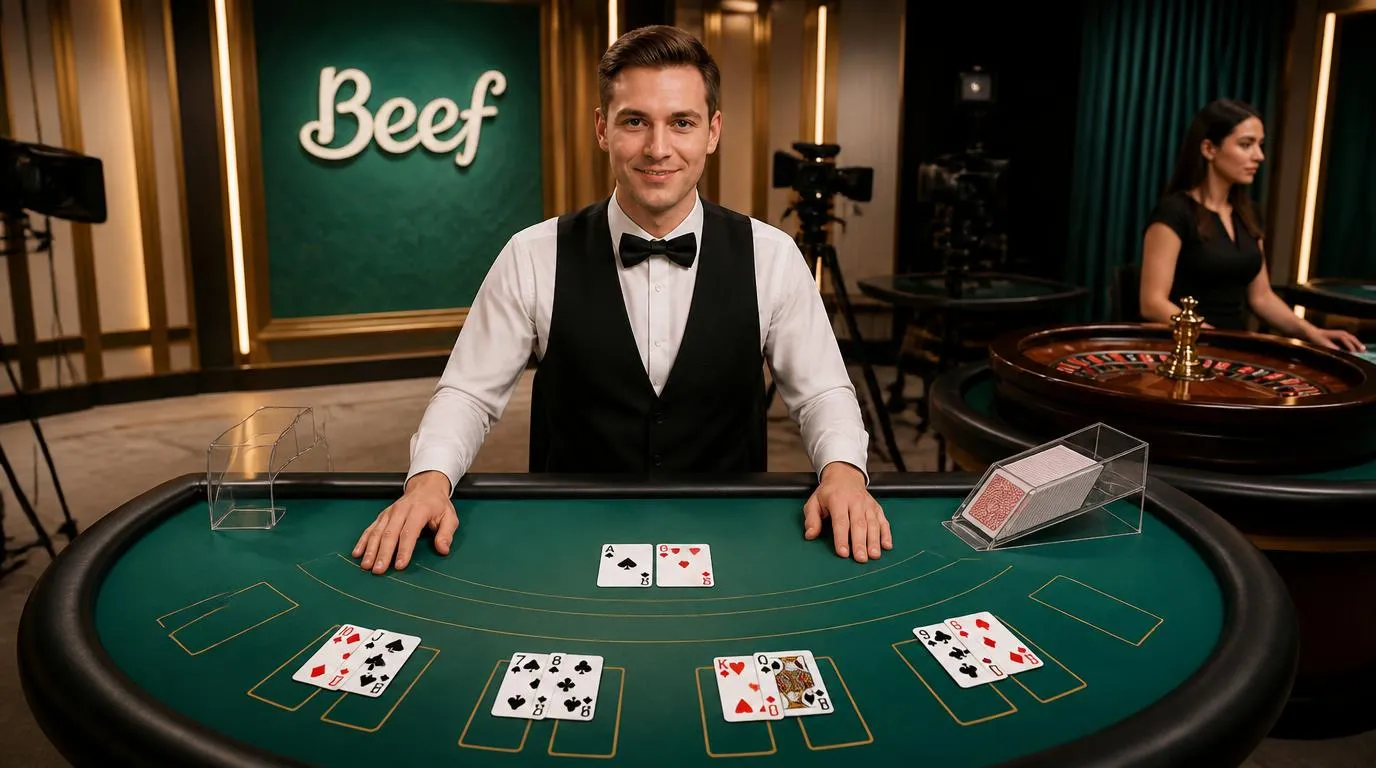 Live-Casino-Studio mit Roulettekessel, Blackjack-Tisch und Dealer vor Kameras