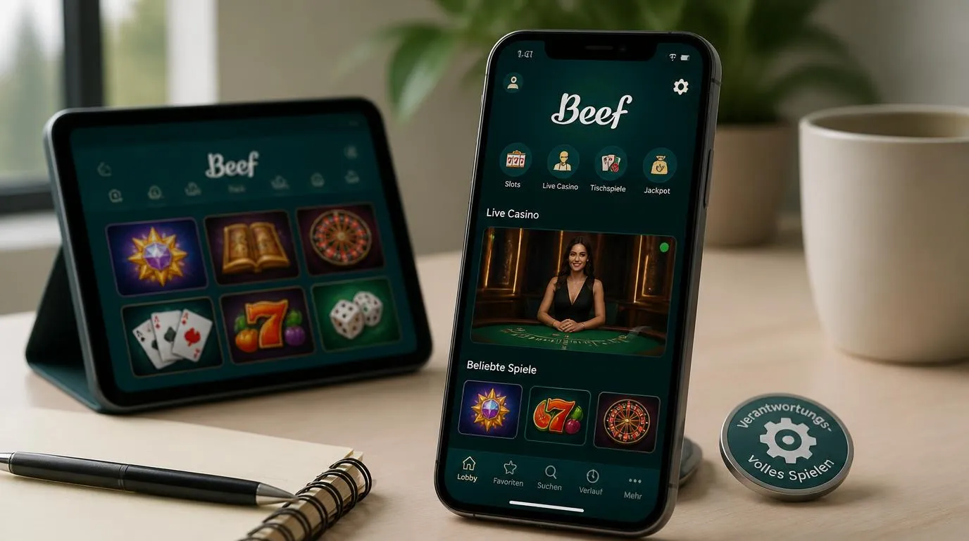 Smartphone mit Casino-Oberfläche, Live-Dealer-Spiel und Symbol für verantwortungsbewusstes Spielen