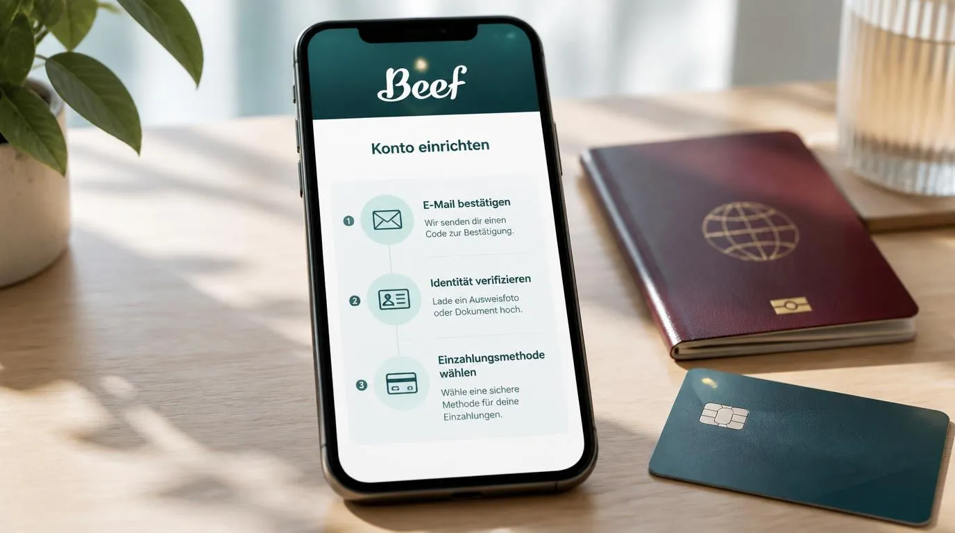 Smartphone mit Kontoeröffnung, Dokumentenupload und Auswahl einer Einzahlungsmethode